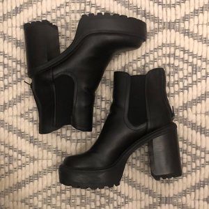 Black Leather Lug Sole Heeled Booties